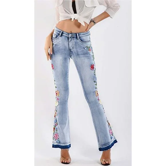 Light Wash Floral Embroidered Patch High Waisted Flare Bell Bottom Denim Jeans - Picture 2 of 8